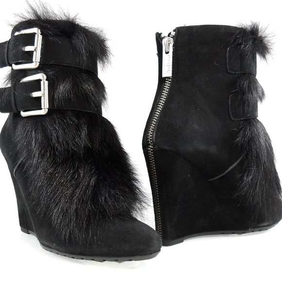 NIB$389 KORS Michael Kors IVANA BACK ZIP BUCKLED ANKLE BOOTS WEDGE Shearling 5.5 - Picture 1 of 9